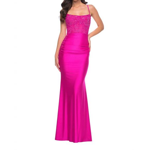 NEW LA FEMME lace bodice fitted prom dress in hot fucshia